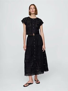 GAP Black Button-Front Maxi Skirt with Lace Insets size Small